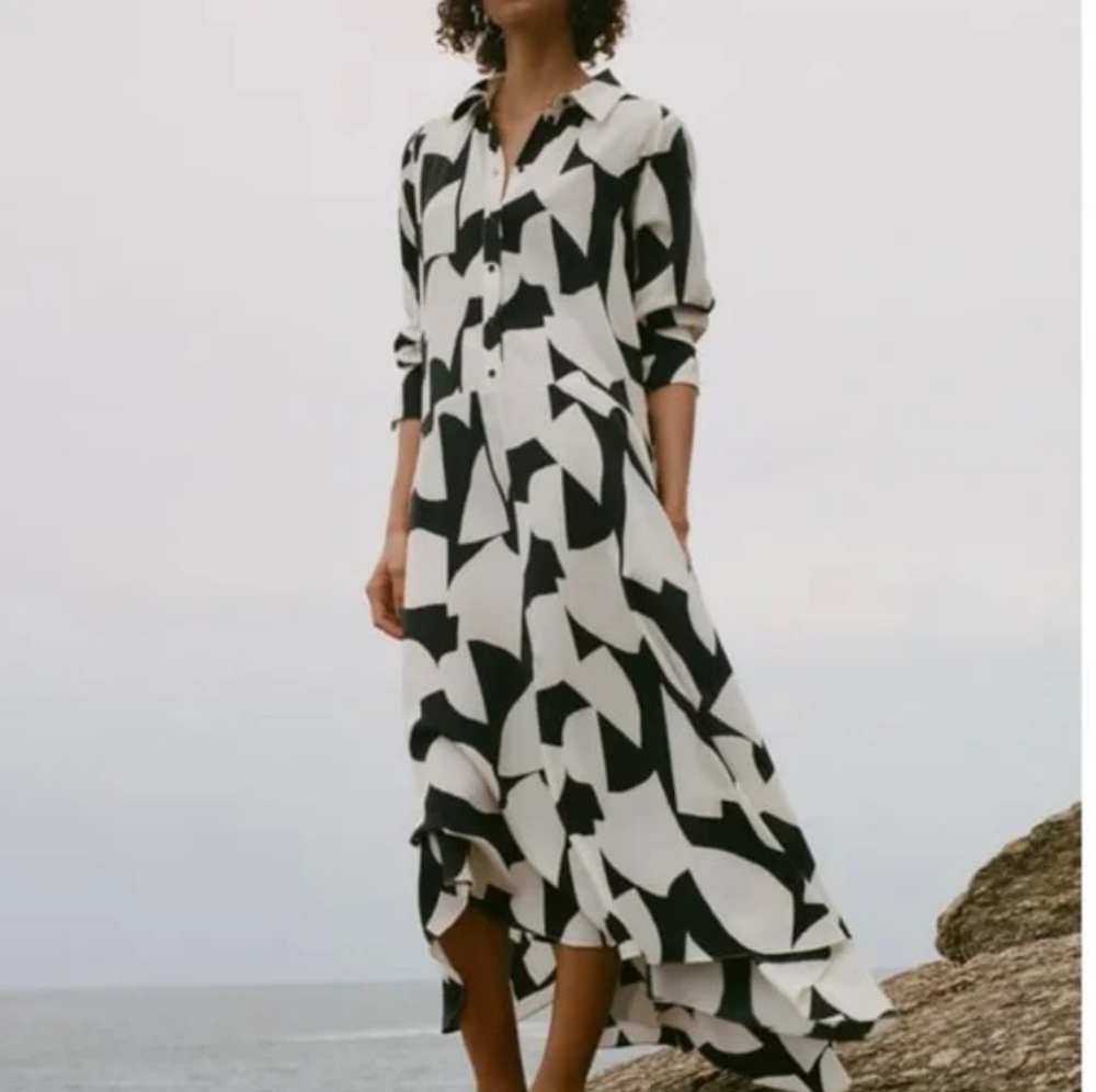 ZARA WOMAN LONG PRINT DRESS ASYMMETRIC HEM BLACK / WHITE Size XL